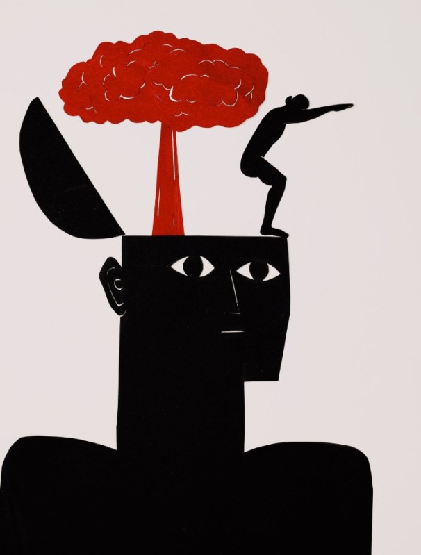 A cartoon of a man's open skull and the brain erupting and a man diving out of the skull